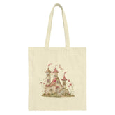 Fairy Tale Castle Tote Bag, Fantasy Home Handbag, Whimsical Cottagecore Art, Magical Gift Idea, Pink Floral Architecture Tote Bag - Tawshia